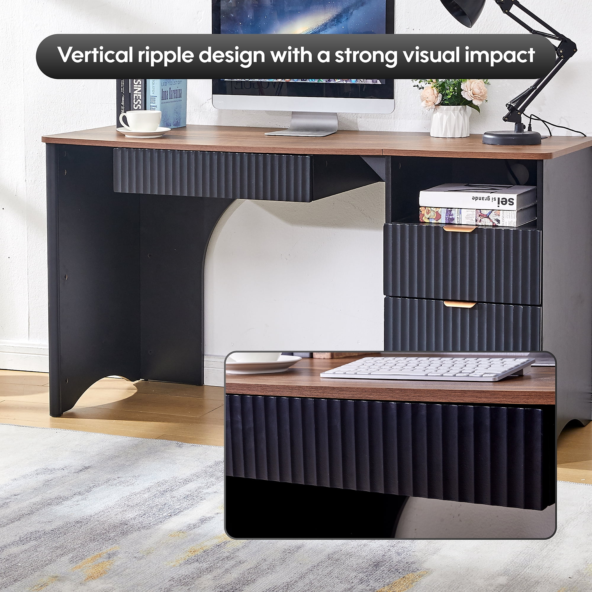 Haooyeah 55 Inch Black Computer Desk with Charging Station, Adjustable File Cabinet, Open Storage, Vertical Fluted 2-in-1 Keyboard Tray Drawer