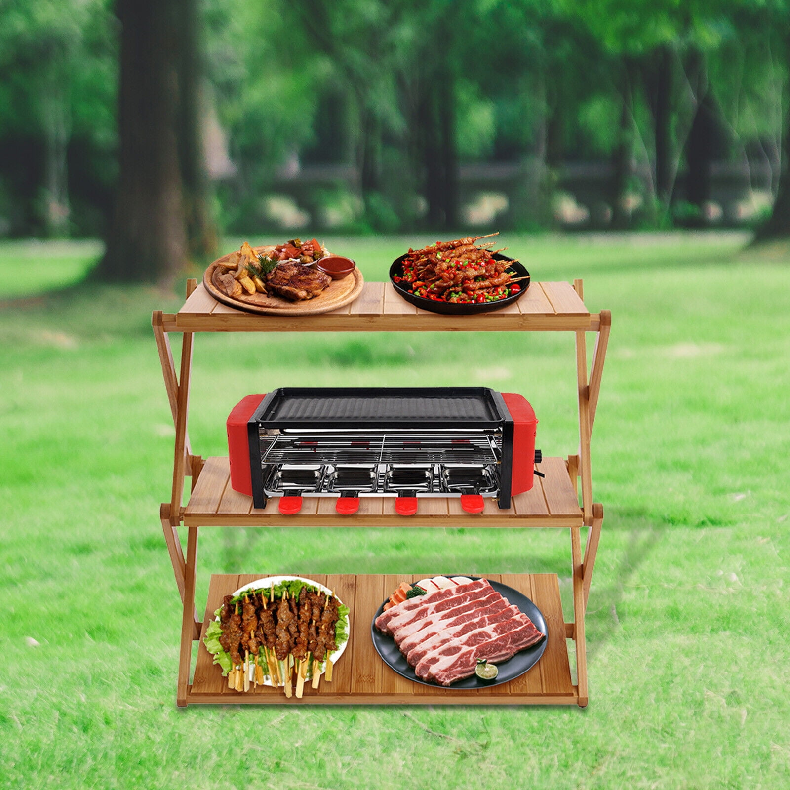 Miumaeov 3Tier Bamboo Shelf Foldable Rectangle Indoor Outdoor Picnic