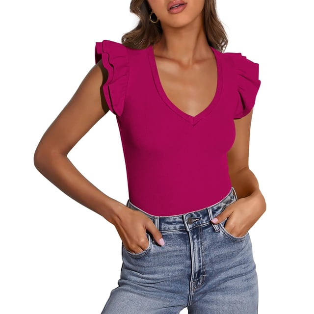 Remera PRETTYGARDEN Mujer Cuello en V Volados Sin Mangas Ajustada XXL