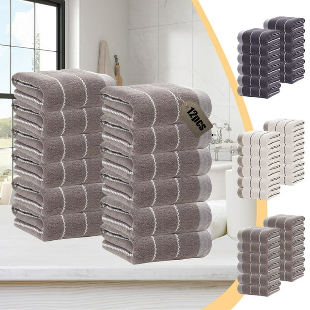 Juego de toallas de algodón de 12 piezas - Toallas de baño suaves y absorbentes, 27" x 13", blanco/azul/café para casa, spa y gimnasio