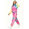 thumbnail image 2 of Women 80s Retro Tracksuit Costume, Vintage Color Block Windbreaker Jacket Pants Set with Headband, 1980s Hip Hop Disco Outfit for Halloween Cosplay Party, 2 of 5