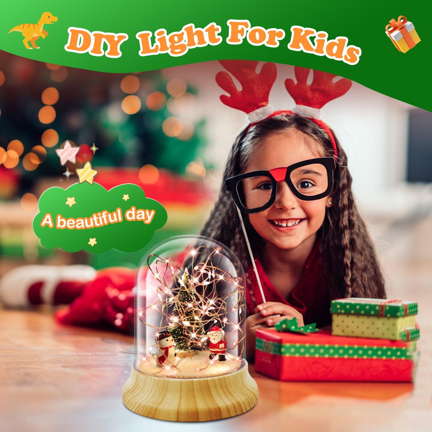 KOMI Make Your Own Christmas Night Light, Christmas Toys for Kids, Christmas Craft Kit, DIY Arts and Crafts Lamp Project for Girls(USB Upgrade Edition), Gifts for 4 5 6 7 8 9 10 Year Old Kids