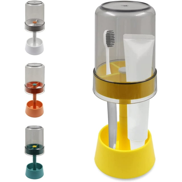 Toothbrush Holder Stand with Tooth Brush Cups/Cover, Toothpaste Holder Stand with 3Slots,Dental Storage Organizer Holder Stand, for Toothpaste (Yellow)