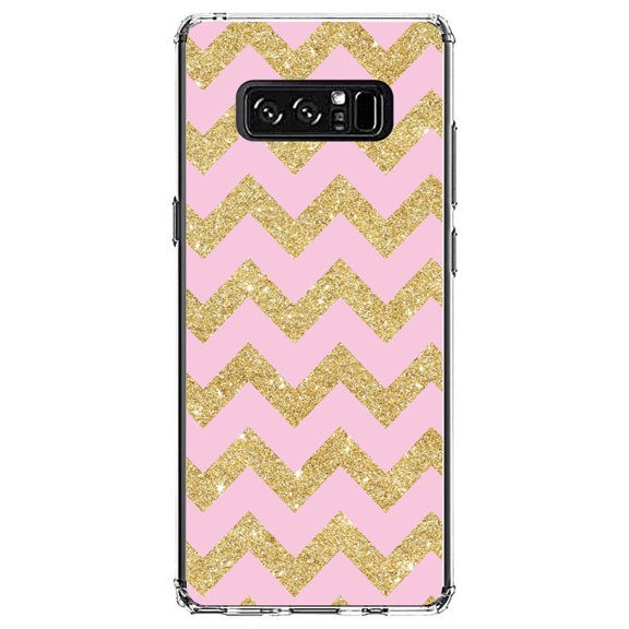 DistinctInk Clear Shockproof Hybrid Case for Samsung Galaxy Note 8 - TPU Bumper, Acrylic Back, Tempered Glass Screen Protector - Pink & Gold Print - Chevron Pattern