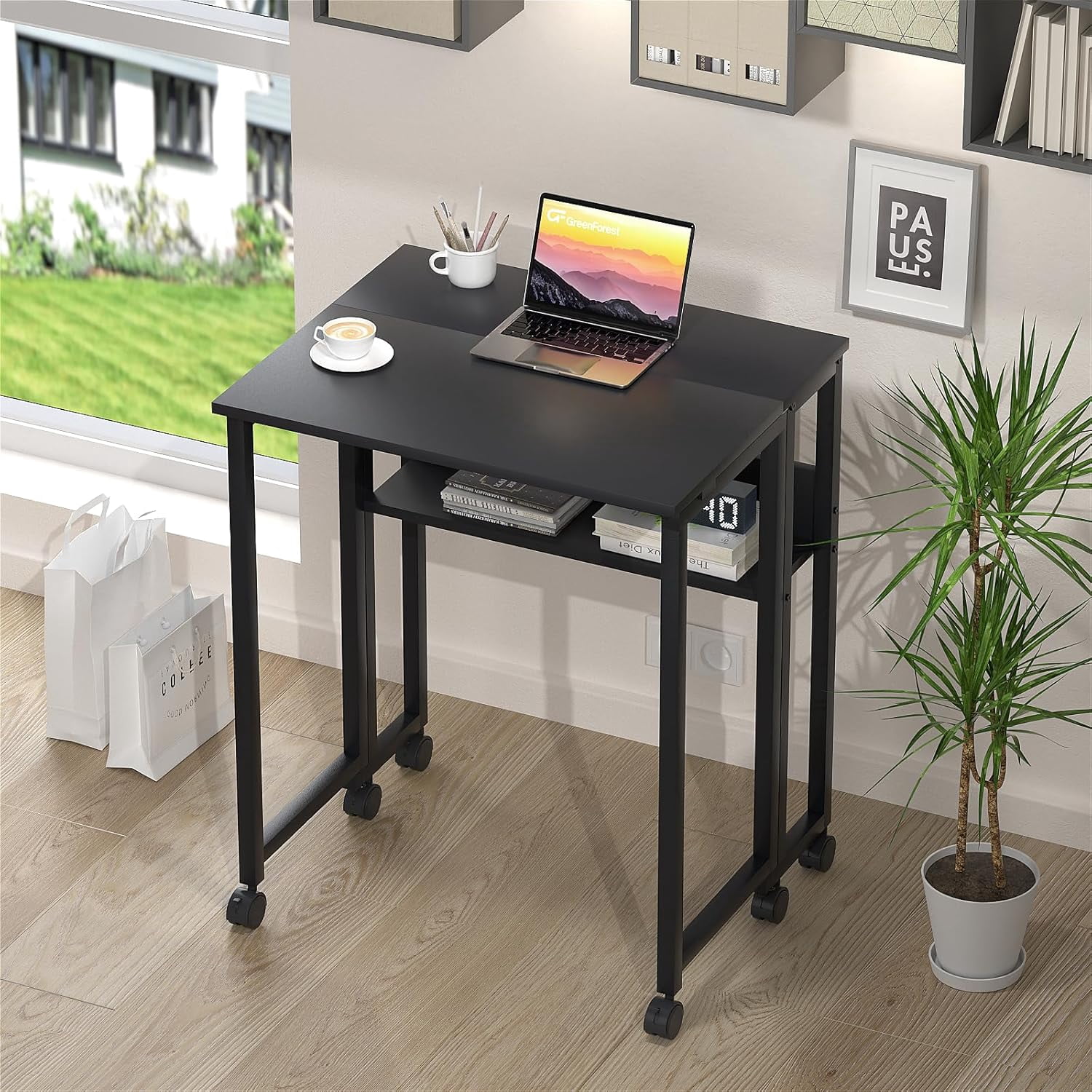 Folding Desk Small Rolling Desk with Storage Shelf,24.8 inch Foldable Computer Desk with Wheels for Small Space,Easy Assembly,Black