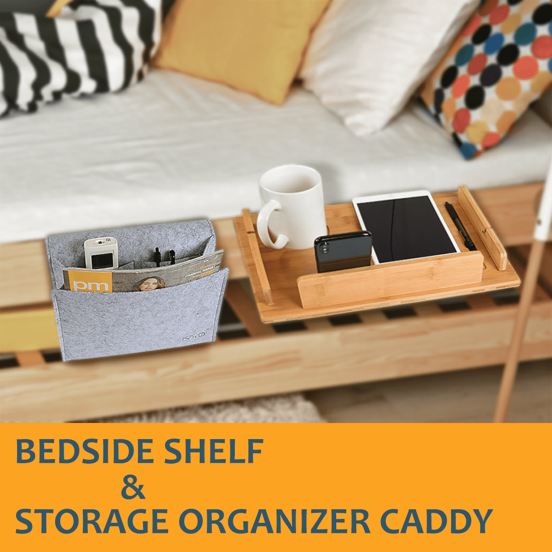 Tirrinia Bedside Shelf Table & Storage Organizer Caddy - Cup & Pen