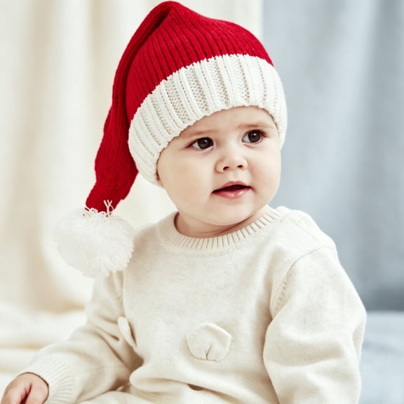DOVACKA Baby Toddler Christmas Santa Knitted Beanie Hat, Red Long Tail Warm Soft Crochet Winter Cap for Kids Boys Girls