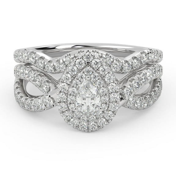 AFFY Infinity Teardrop Double Halo Bridal Set Ring for Women, 1.16 Carat (ctw) Pear Cut Lab Grown Diamond Engagement Wedding Ring 14K White Gold Over Sterling Silver F-G-H, SI Quality Ring Size-4
