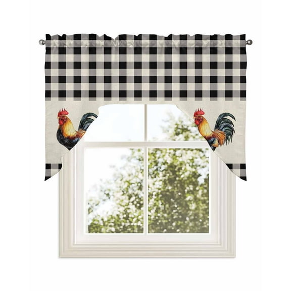 Black White Plaid Rooster Kitchen Curtains Swag Valance for Windows/Bathroom/Cafe, Vintage Farmhouse Checkered Rustic Rod Pocket Drape Panel Swag Curtains Valance for Bedroom/Living Room 56"x36"
