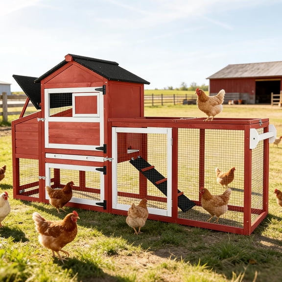 Aivituvin 82.4" Chicken Coop with Wheels, Large Hen House with Run, Chicken Cage for 4-6 Chickens, Weatherproof Asphalt Roof, Nesting Box & Pull-Out Tray (Red)