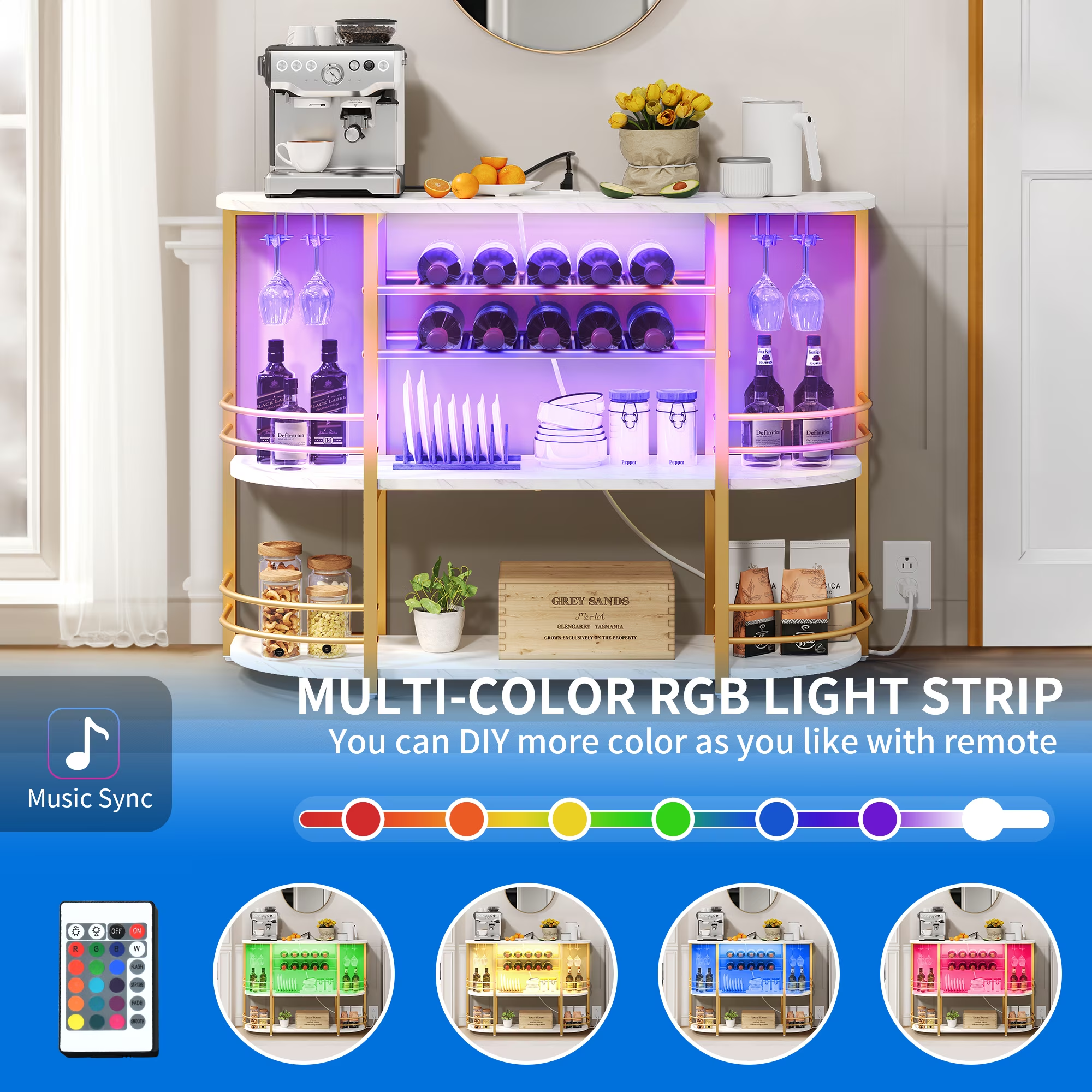 Uforic 3 Tier Home Bar Unit with Charging Station, 47" Mini Bar Cabinet with Wine Rack, Adjustable RGB LED Lights for Home Pub, Party, White