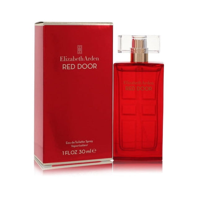 perfume elizabeth arden red door eau de toilette, 100 ml vista frontal de botella rectangular de vidrio rojo con relieve de panel de puerta y cuello de pulverizador dorado junto a caja roja con la marca Elizabeth Arden Red Door; fragancia floral versátil, adecuada para tocador y como regalo.