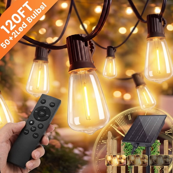 Mylorn Solar Outdoor String Lights 120FT(60FT*2), ST38 LED Bulbs 50 2, 2700K Warm White Dimmable with Remote, 3 Modes, 2FT Spacing, IP65 Waterproof Patio Lights for Balcony Cafe Yard Garden Decor