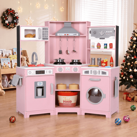 Arlopu Pretend Play Corner Kitchen for Kids, Interactive Wooden Play Cooking Set w/ Lights & Sounds, Microwave Oven, Washer, Water Dispenser & Cooking Accessories