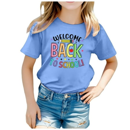 

Girls Tops Size 14-16 A-Light Blue Children Back To School Season Cute Graphic Print Round Neck Short Sleeve Tee Summer Casual T Shirt Tops Back To School Clothes 130