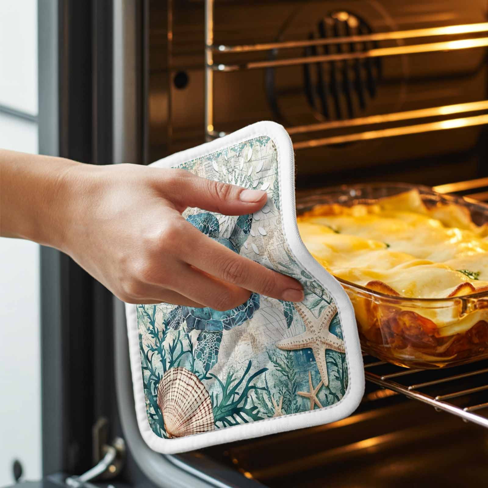 Teal Coastal Turtle Pot Holders for Kitchen Heatproof Potholder, 4 Pack Vintage Summer Beach Nautical Coral Hot Pads Multipurpose Oven Pads Cloth Potholders Trivet for Cooking and Baking