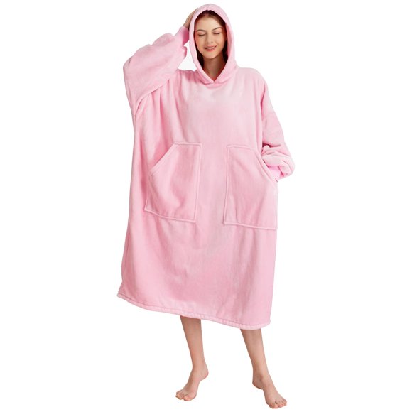 Kipswiza Wearable Blanket Hoodie Thick Flannel Blanket Sweatshirt for Women Men Super Soft Warm Hooded Blanket with Giant Pockets - Long Light Pink