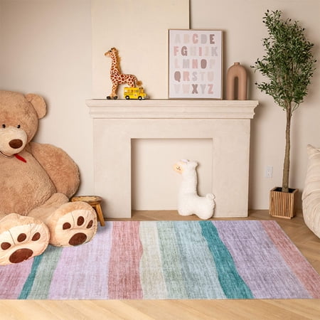4 X 6 Pink Green and Purple Juvenile Rainbows Youthful Area Rug