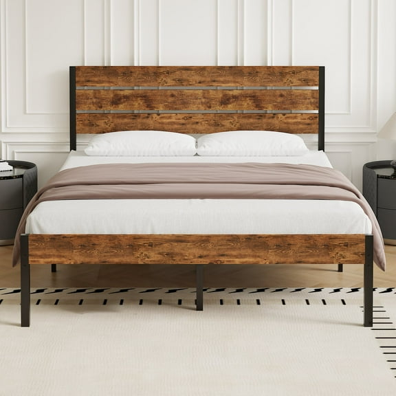 VECELO Full Size Platform Bed Frame with Wooden Headboard, Rustic Country Style Mattress Foundation, No Box Spring Needed, Black