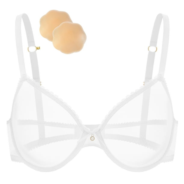 Wingslove Women's Sexy Sheer Bra Unlined Underwire Support See Through  Everyday Bra with Silicone Nipple, White 36DD