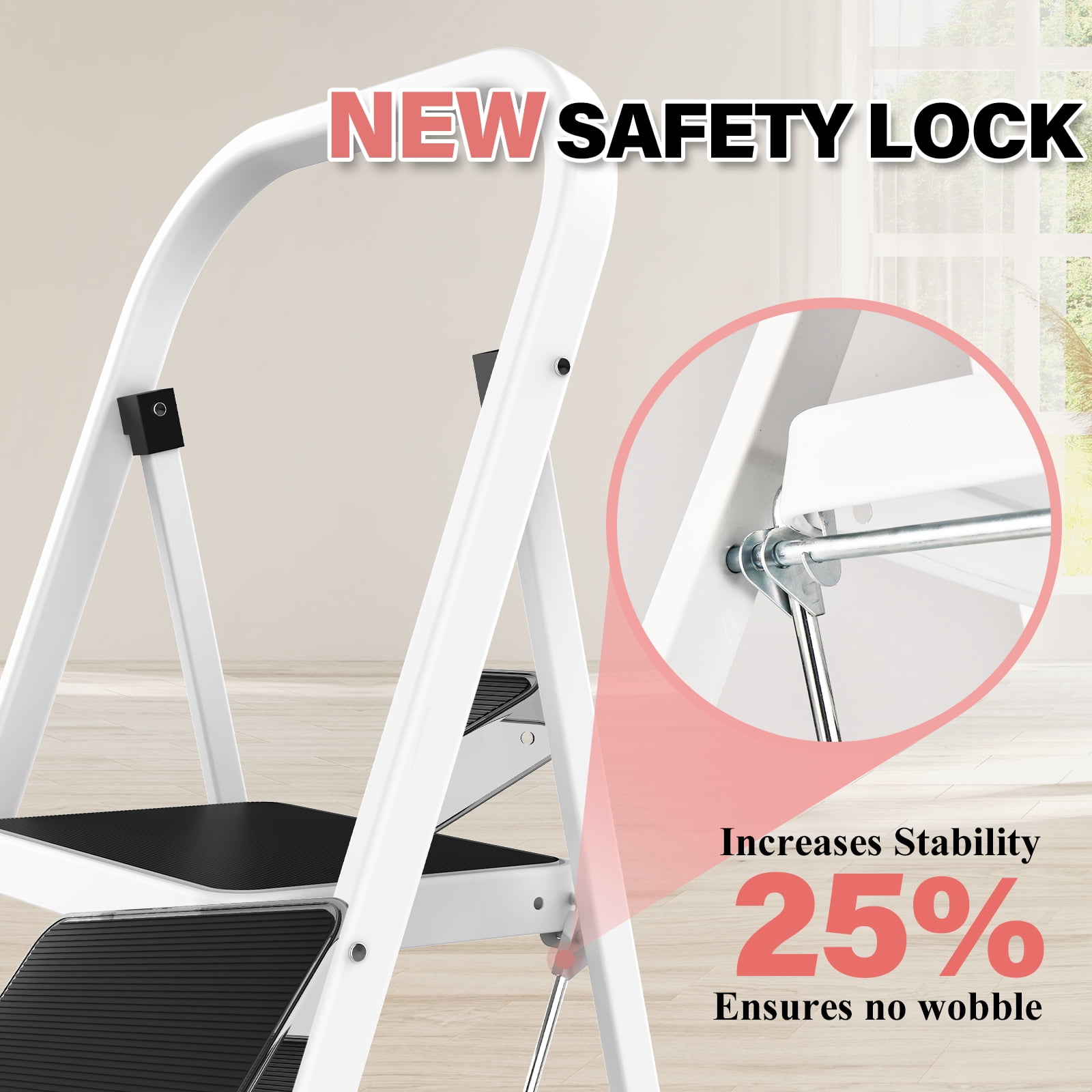 HBTower 3 Step Ladder, Lightweight Folding Step Stools for Adults with Anti-Slip Pedal, Portable Sturdy Steel Ladder with Handrails, Perfect for Kitchen & Household, 330 lbs Capacity, White