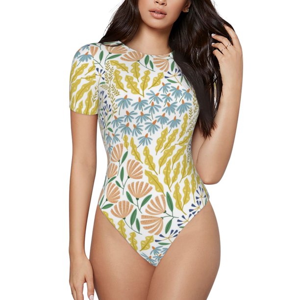 Fotbe Boho Body de Mujer con Cuello Redondo y Mangas Cortas, Sin Mangas Ajustado, Suave, Cómodo y Básico-Medium