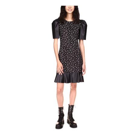 MICHAEL MICHAEL KORS Womens Black Ruffled Keyhole Back Elastic Waist Paisley Pouf Sleeve Boat Neck Above The Knee Party Tulip Dress