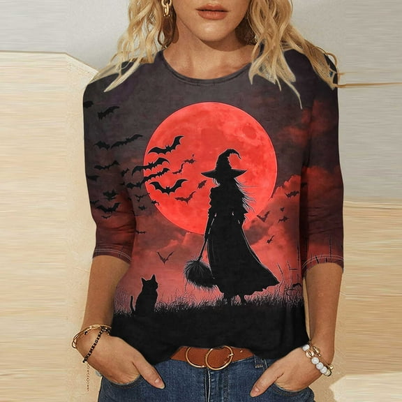 VKOYWKM Womens Halloween Tshirts 3/4 Sleeve Witch Graphic T Shirts Loose Fit Crew Neck T-Shirts Halloween Costumes