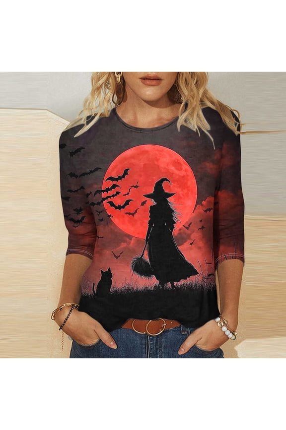Womens Crew Neck 3/4 Sleeve T Shirt Gothic Skull Stitch Halloween Graphic Print Soft Breathable Knit Fabric Loose Fit Casual Daily Halloween Party Wear Tee Tops