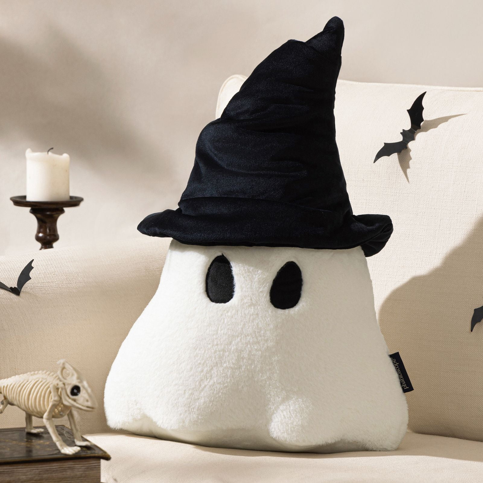 Phantoscope Halloween Ghost Shaped Throw Pillow, Witch Hat Design, Soft Faux Rabbit Fur Decorative Pillow, Spooky Cushion for Couch and Sofa, White, 19 x 14 in