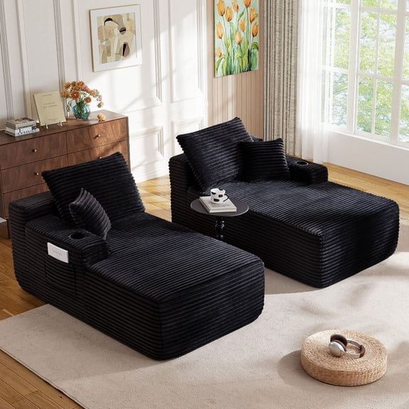 Muumblus Indoor Double Chaise Lounge Sofa with Cup Holders, 69"W Oversized Deep Seat Cloud Sectional Sofa, Boneless Sleeper Couch Bed, Black Corduroy