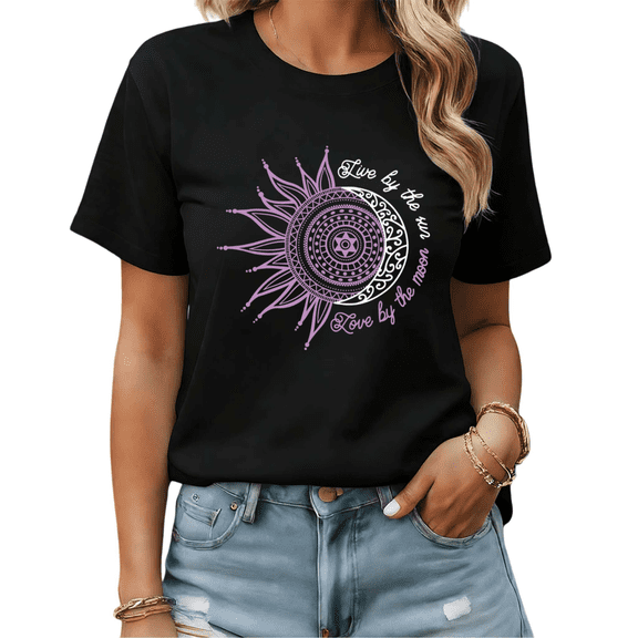 Live by the Sun Love by the Moon Womens Print Tshirt Graphic Tees Black S-5XL Tops