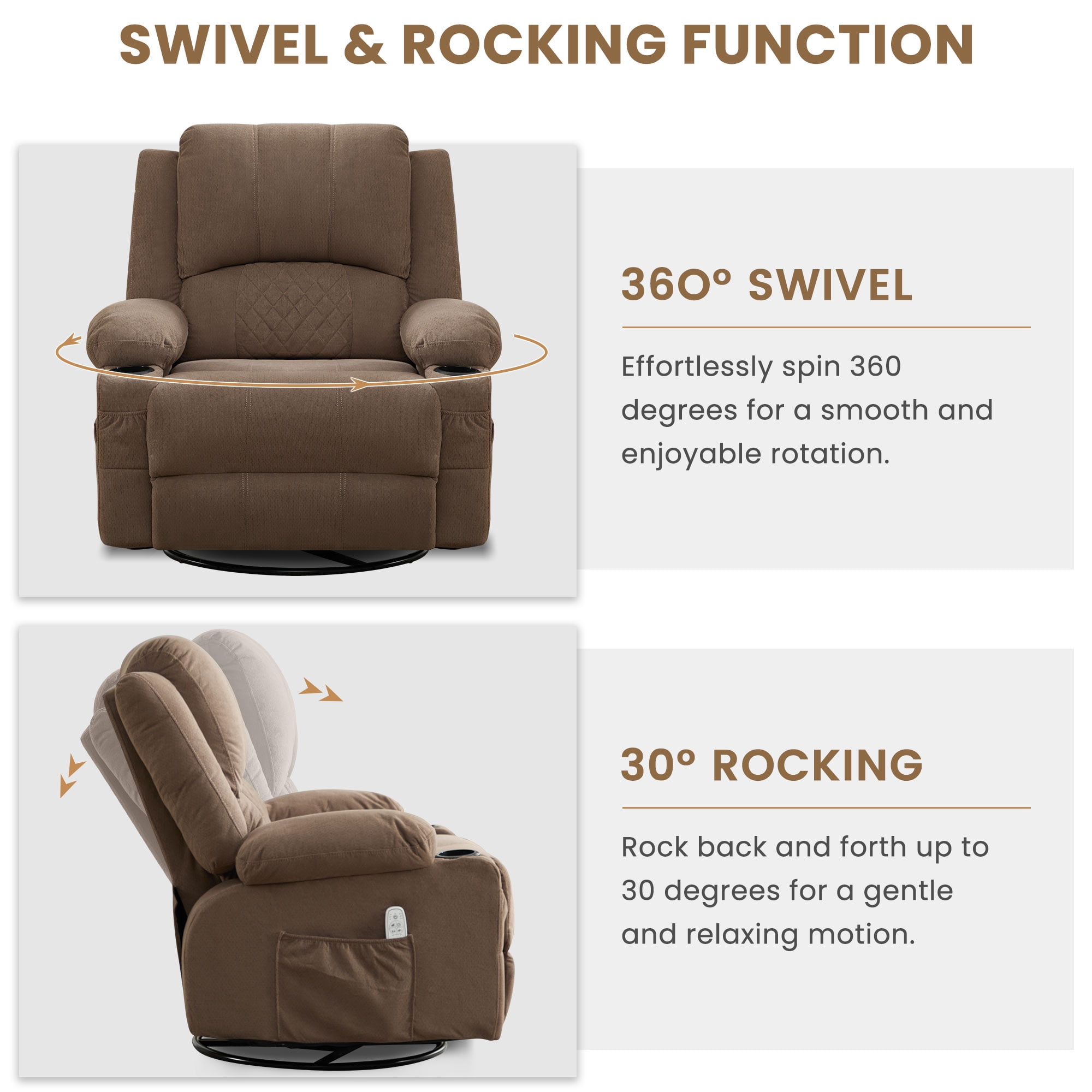 JONPONY Kneading Massage Rocker Recliner Chair with 4-Point 3D Kneading Massage and Heat Ergonomic Lounge Chair for Living Room with Rocking Function and 2 Cup Holders, USB Charge Port,Brown