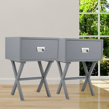 Pine End Table With Drawer Jaxpety 2PCS End Side Table Nightstand Storage w/ Drawer and Beam Home Decor Furniture Bedside Gray ()