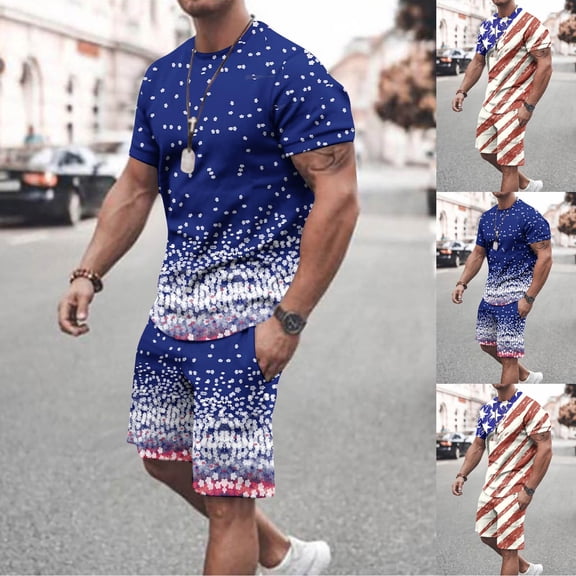 CHUMUD Large American Flag Print Mens Short Sets 2 Piece Outfits Fashion Summer Tracksuits Casual Set T Shirt Short Sleeve and Shorts Set