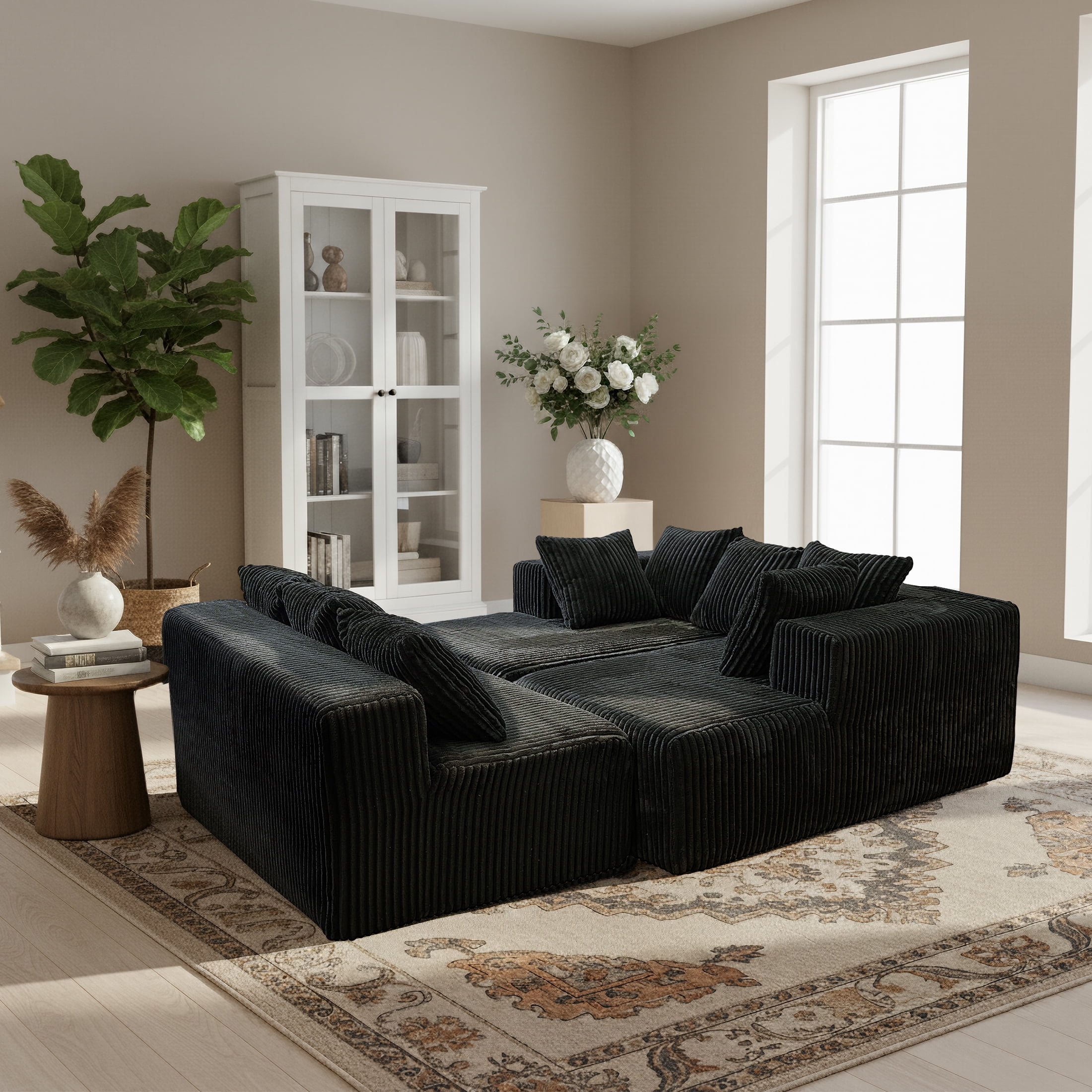 SEENYOO 130"Cloud Sectional Couch,Modular U Shaped Couch with Ottoman, No Assembly Required,Plush Corduroy Sofa with Deep Seat for Living Room,Black