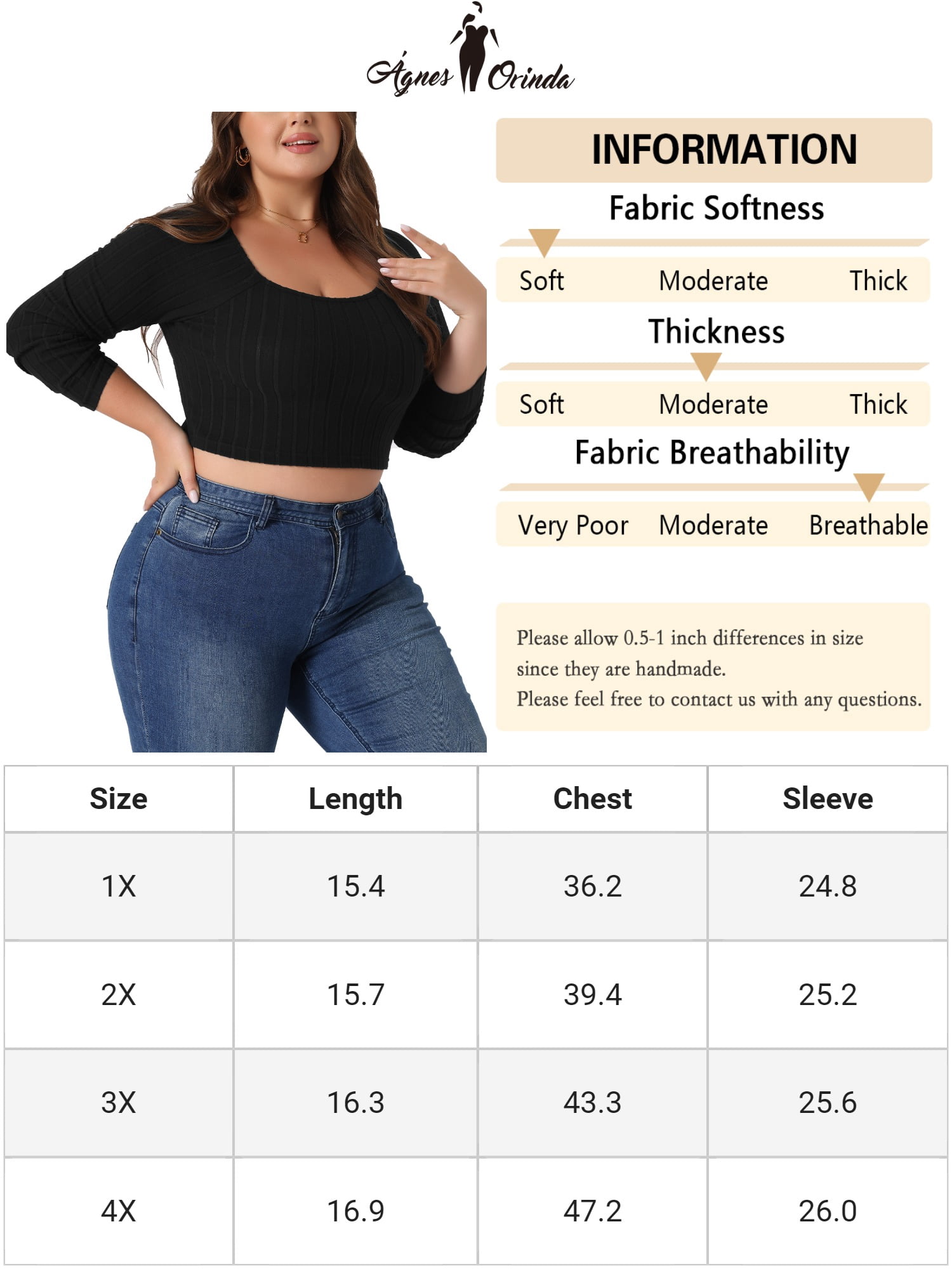 Unique Bargains Women's Plus Size Blouse Square Neck Long Sleeve Cropped Tops 4X Black