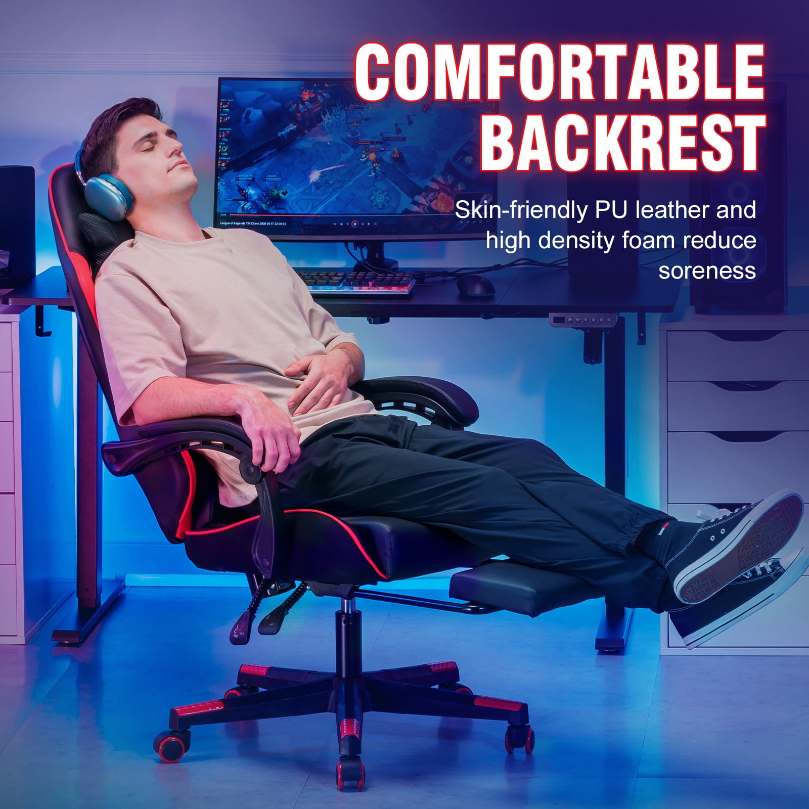 EXRACING Gaming Chair Ergonomic Computer Chair with Footrest and Lumbar Support, Height Adjustable High Back Leather Office Chair, 360° Swivel with Linked Armrest, for Adult and Teen (Red)