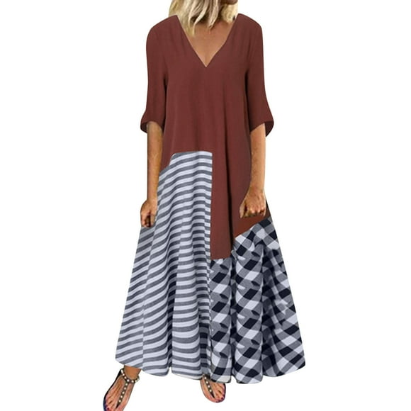 Cathalem Women's Summer Short Sleeve T Shirt Dress 2024 Spring Summer Trendy Elegant Wrap V Neck Floral Boho Dress,Brown XL
