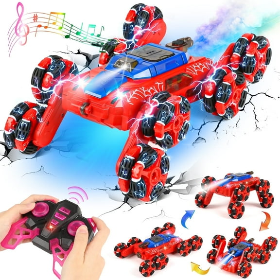 Huge Wave 8WD Remote Control Car for 4-9 Year Old Boys, 2.4GHz RC Stunt Car with Lights Music Spray, Double Sided Race Car, Christmas Birthday Party Gift for Kids