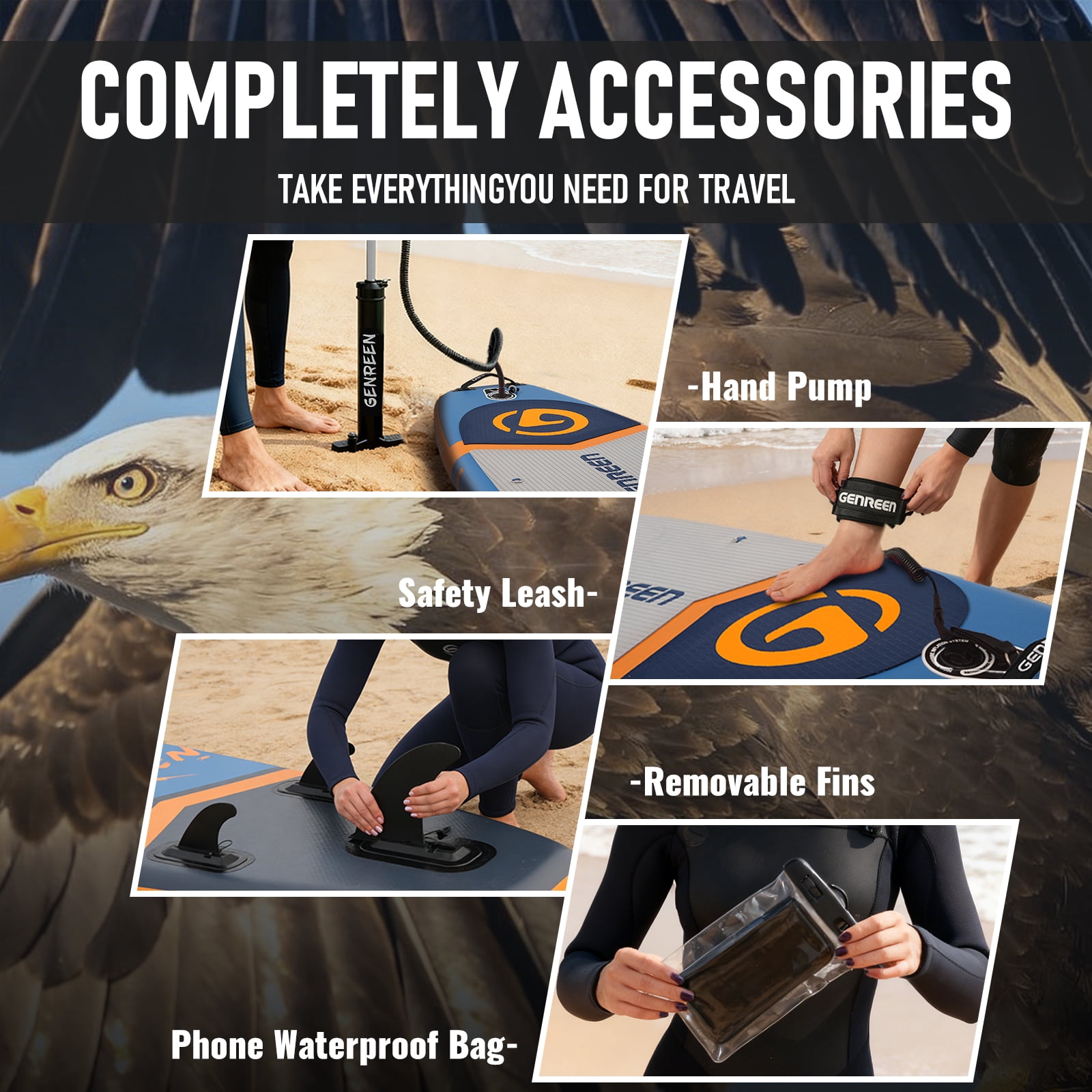 Genreen 11ft Stylish Inflatable Stand Up Paddle Board (SUP), Fishing Paddle Board with All Accessories for All Skill Levels