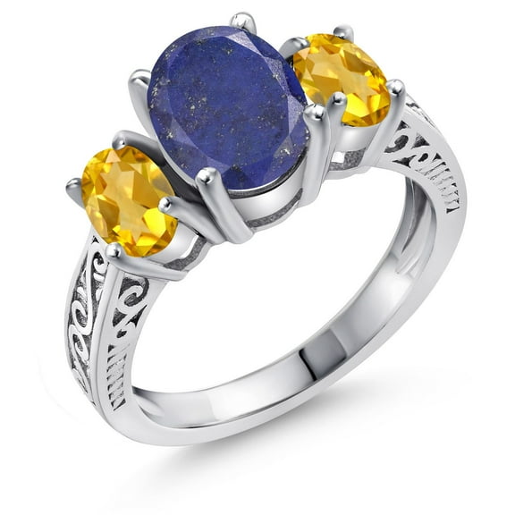 Gem Stone King 2.90 Ct Oval Blue Lapis Yellow Citrine 925 Sterling Silver Ring (Size 9)