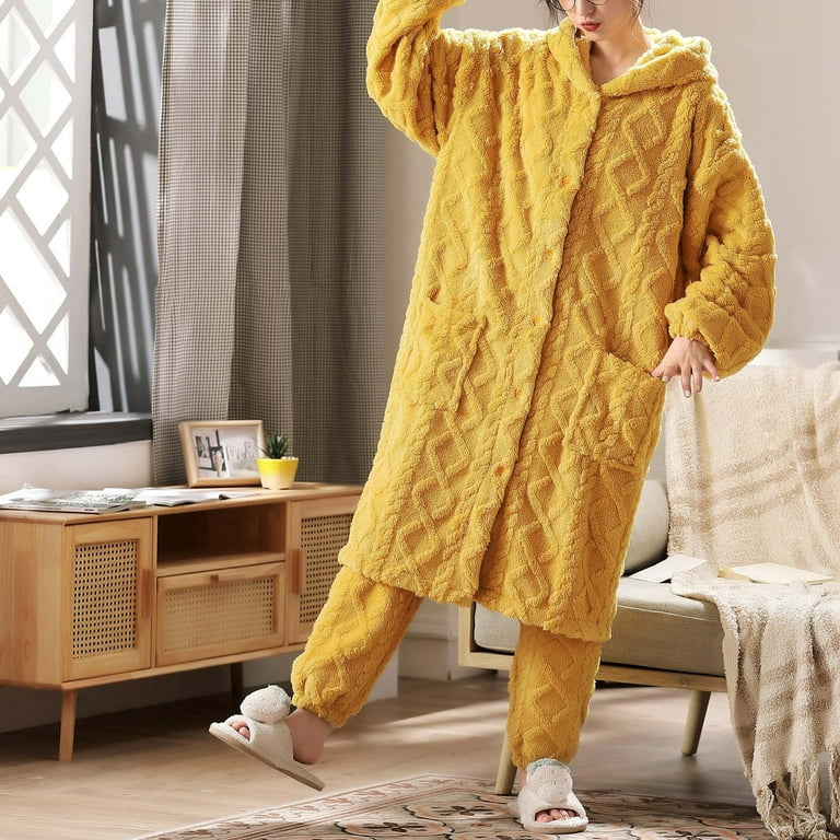 AherBiu Womens 2 Piece Fleece Pajamas Sets Hooded Button down Knee Length  Housecoats Pants Loungewear