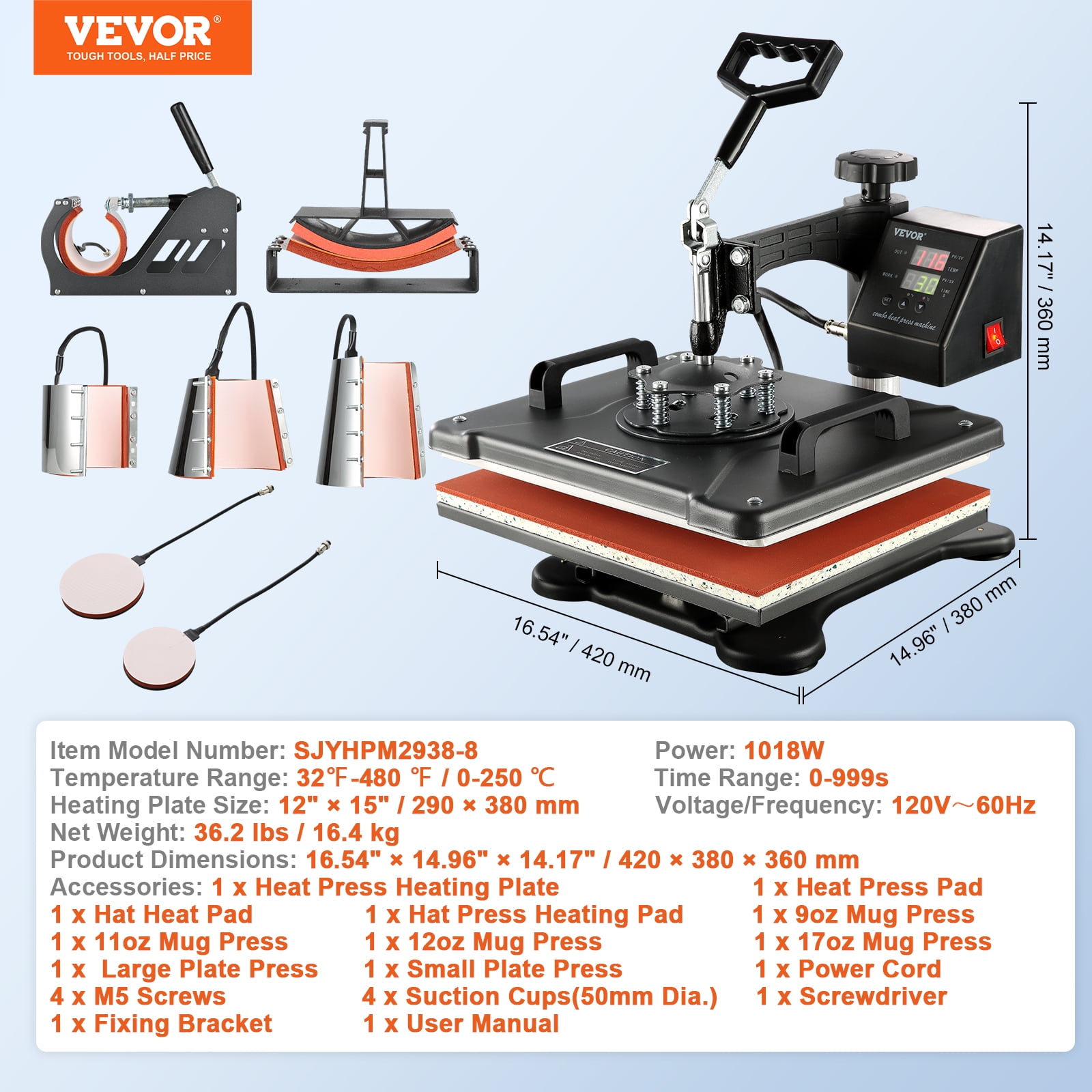VEVOR Heat Press Machine, 8 in 1 Combo Digital Multifunctional Sublimation Heat Transfer Machine 12x15 inch, 360 Degree Rotation Swing Away for Printing T Shirts Mug Cap Hat Plate