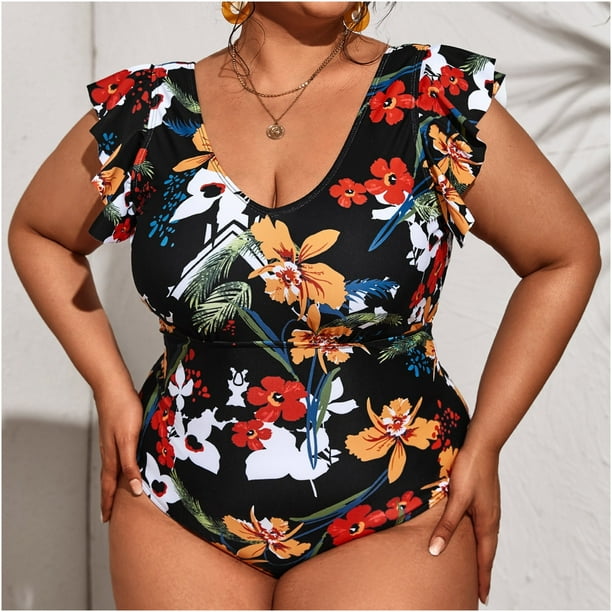 jovati Ruffle Bikini Swimsuit for Women Women Sexy With Chest Pad Without  Underwire Ruffle Sleeves Print V Neck One-piece Conservative Backless
