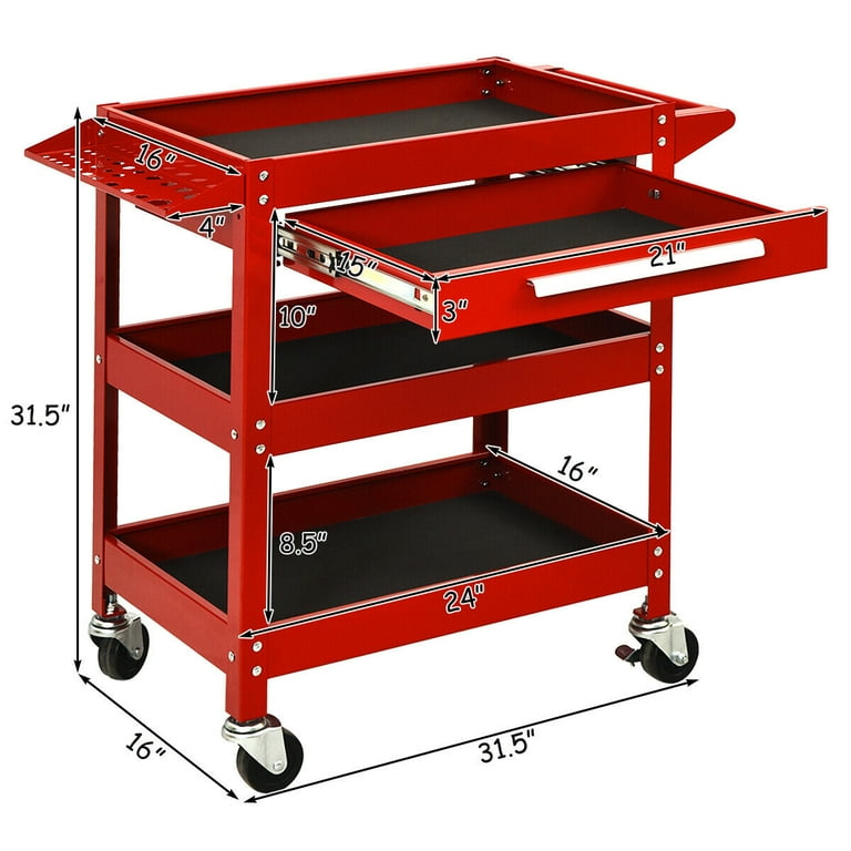 Costway Three Tray Rolling Tool Cart Mechanic Cabinet Storage Toolbox Organizer w/Drawer - Red