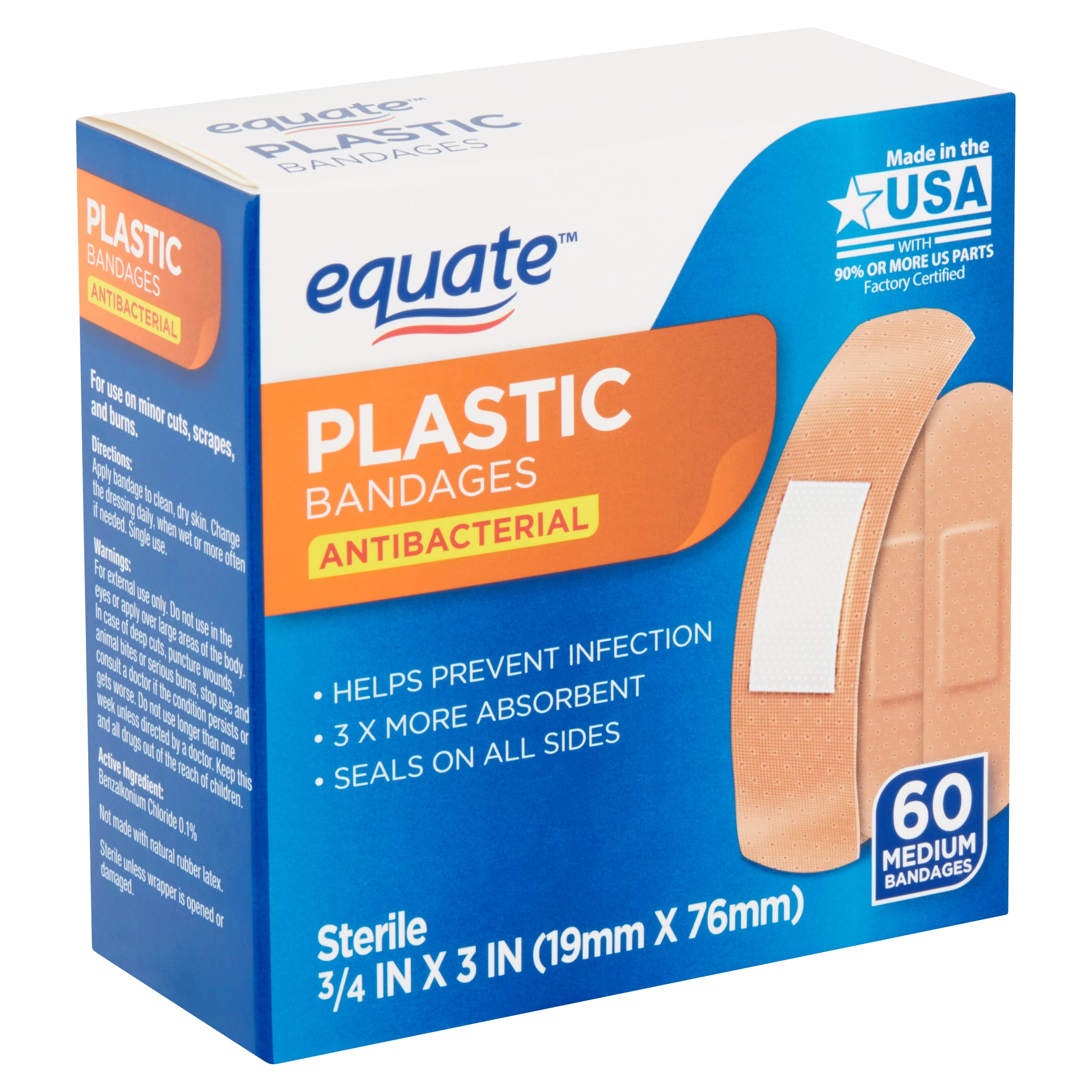 Equate Antibacterial Medium Plastic Bandages, 60 count
