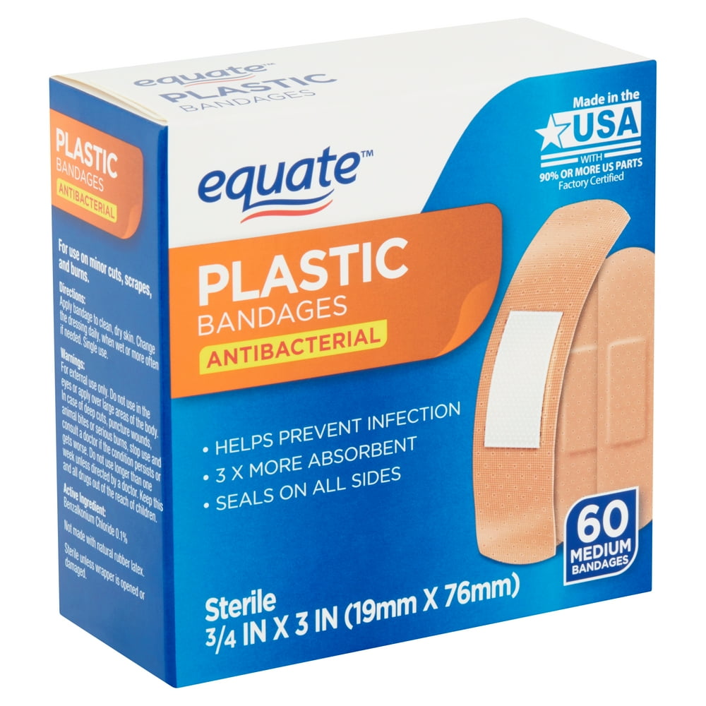 Equate Antibacterial Medium Plastic Bandages, 60 count