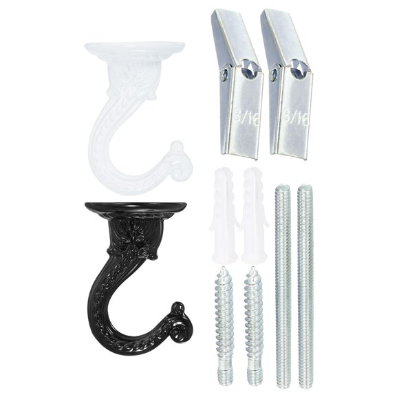 Unique Bargains 2.2' x 1.5' Ceiling Hook, Ceiling Orchid Swag Hooks with Mounting Hardware, White Black 2 Pack