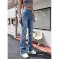 thumbnail image 2 of Women's High Waisted Straight Leg Jeans Distressed Blue Denim Cuffed Casual Pants, 2 of 7